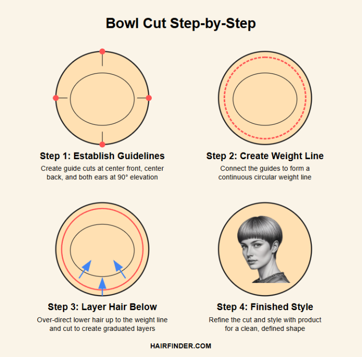 Step-by-step hair cutting diagram for a bowl cut