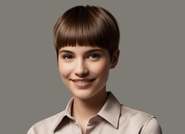 Woman who is wearing her hair very short in a bowl cut