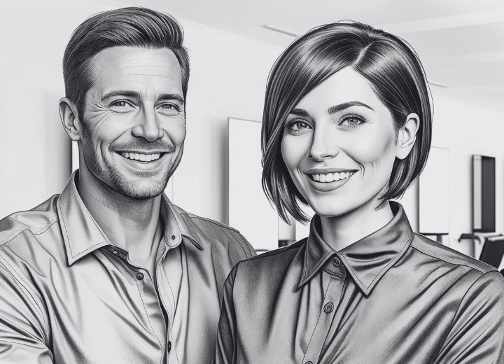 Happy couple, with the woman wearing her hair in a short bob