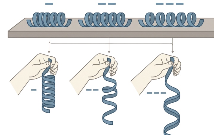 Curling ribbon test to illustrate how curls can stretch