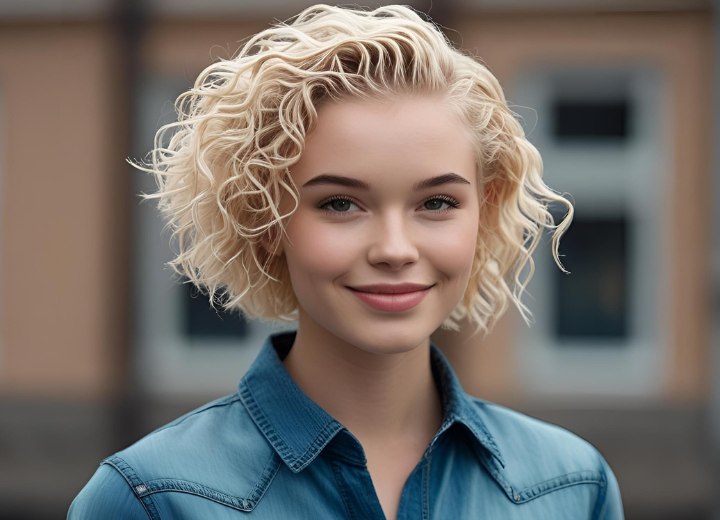 Permed short and curly blonde hair with gel styling