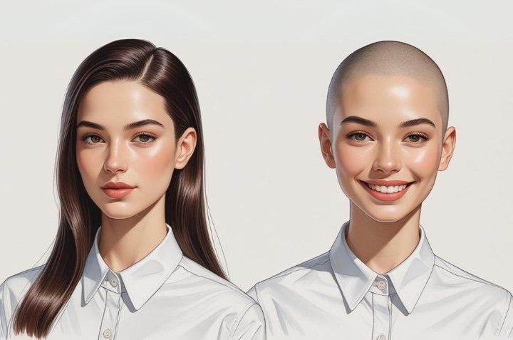 Girl before and after shaving her long hair off for charity