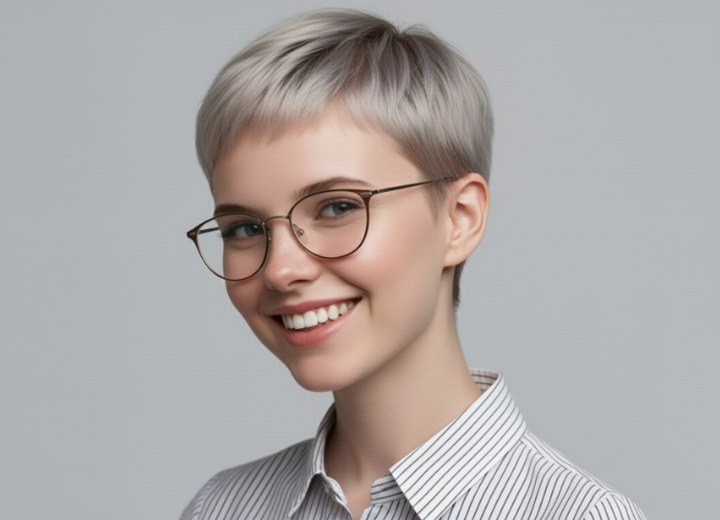 Long to short hair makeover for a woman wearing glasses - Short hair