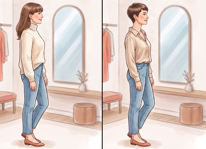 A woman's neck, hairstyle and perceived height