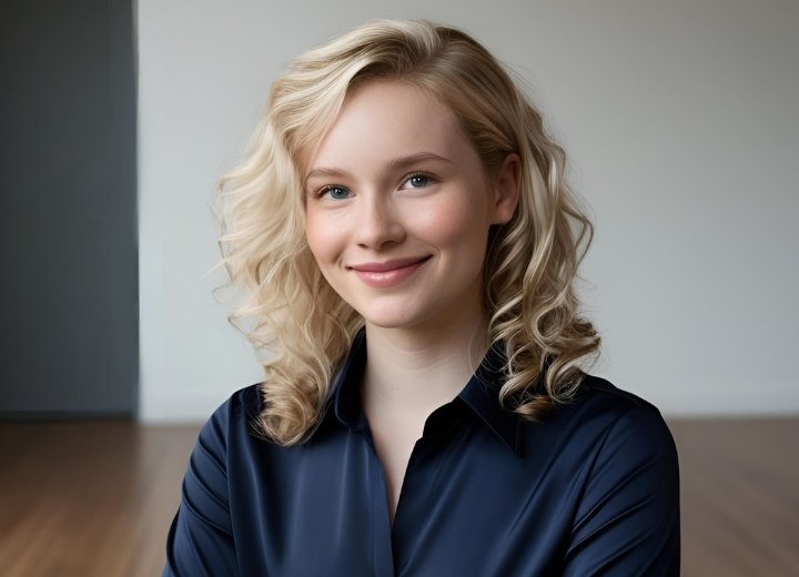 Shoulder-length blonde hair with curls