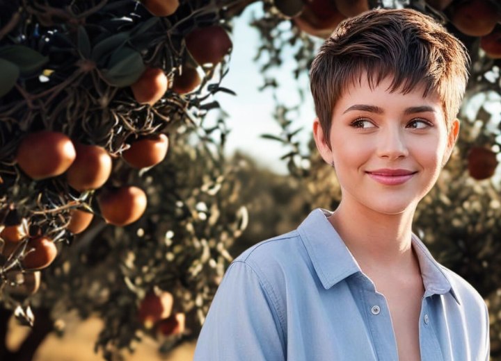 Woman with healthy short hair in a pixie cut with choppy bangs
