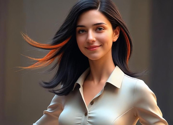 Girl with dark hair and hidden orange highlights