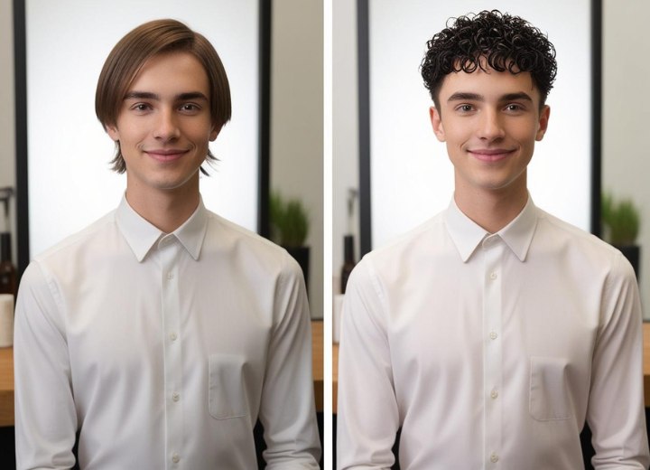 Man before and after getting his hair permed