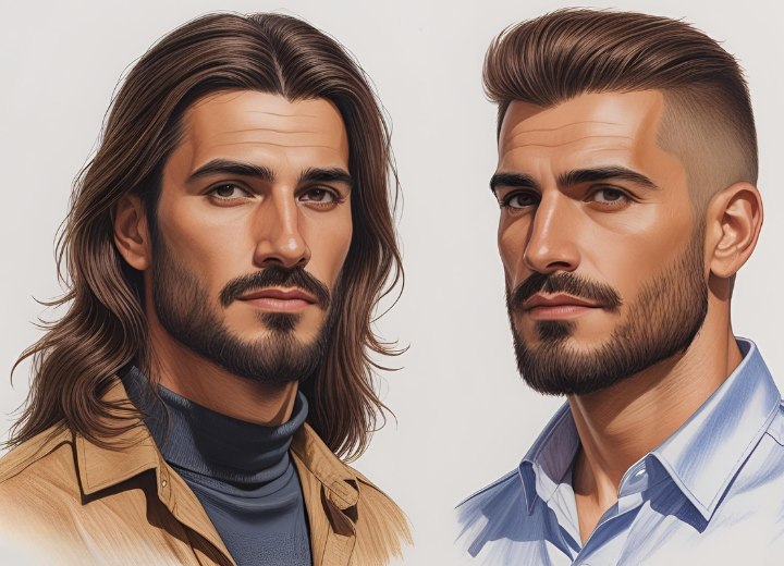 Man with a stubble look, before and after a long to short hair makeover