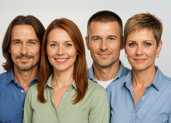 Group of men and women with long and short hair