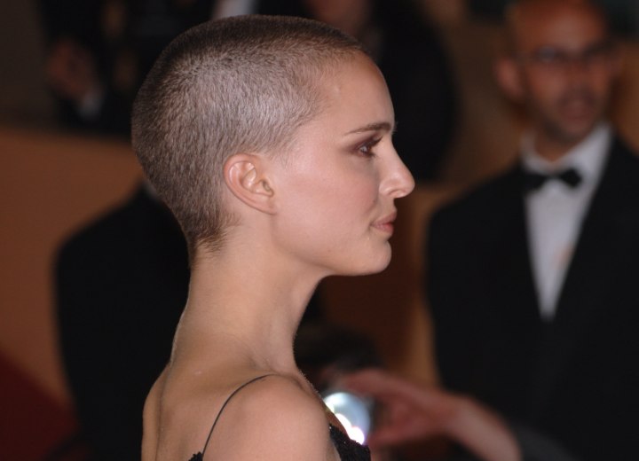 Natalie Portman with very short buzzed hair