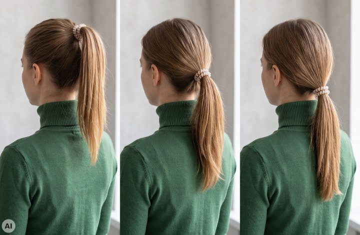 Different ponytail positions: high, mid-level and low