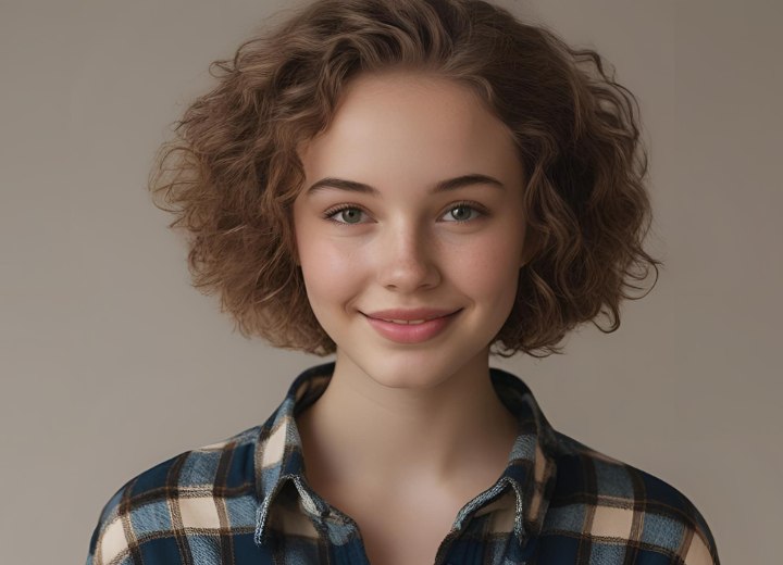 Woman with short curly hair, after getting a perm