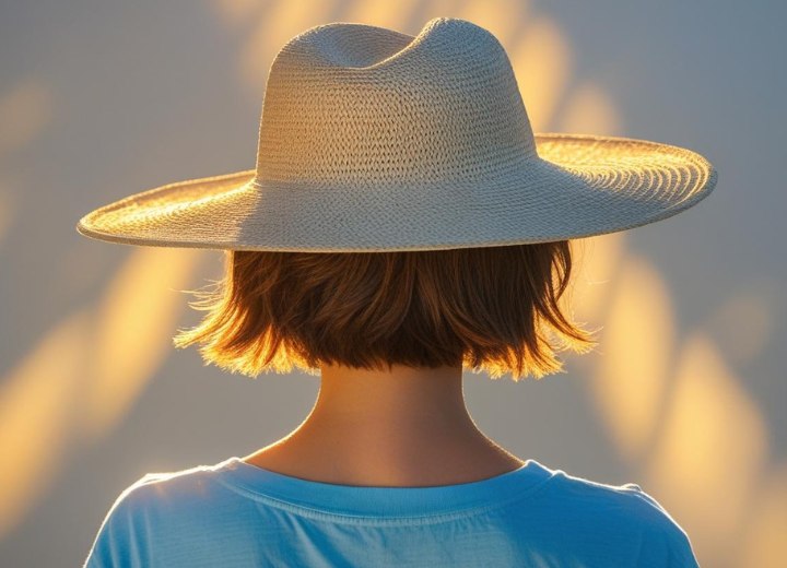 Woman wearing a straw hat to protect her hair from the sun