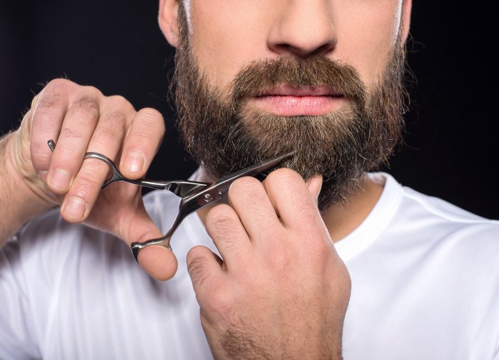 Man who is trimming his beard