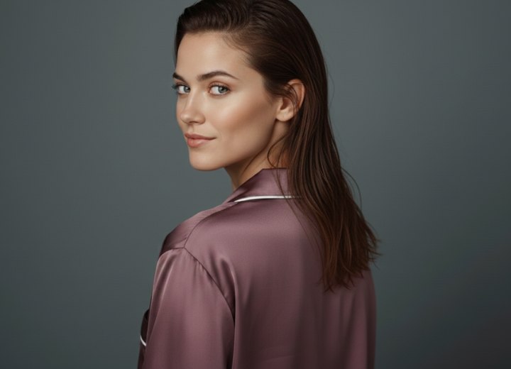 Woman with long wet hair wearing silk pajamas