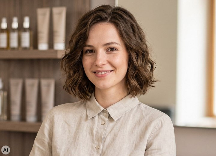 Woman with her hair in a wavy bob, before her makeover