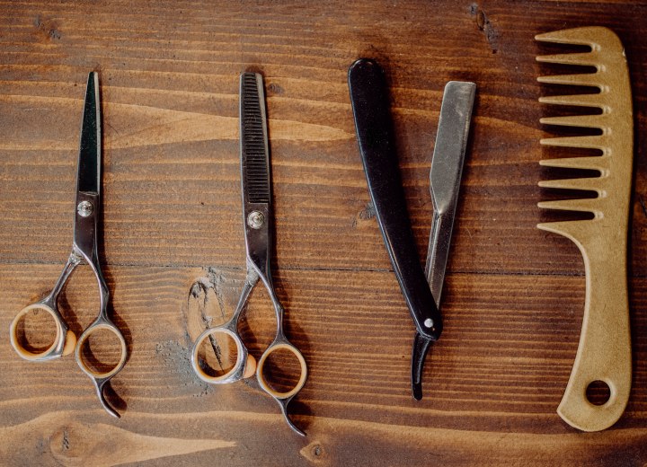 Hair cutting scissors, comb and razor