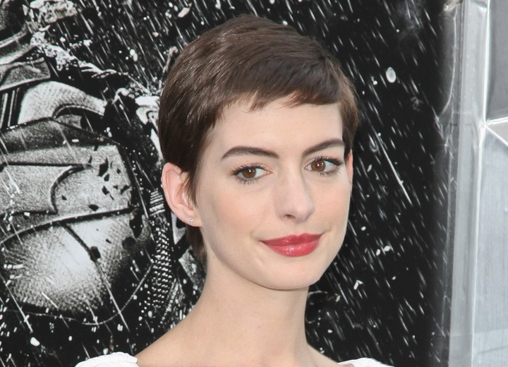 Anne Hathaway with short shorn hair