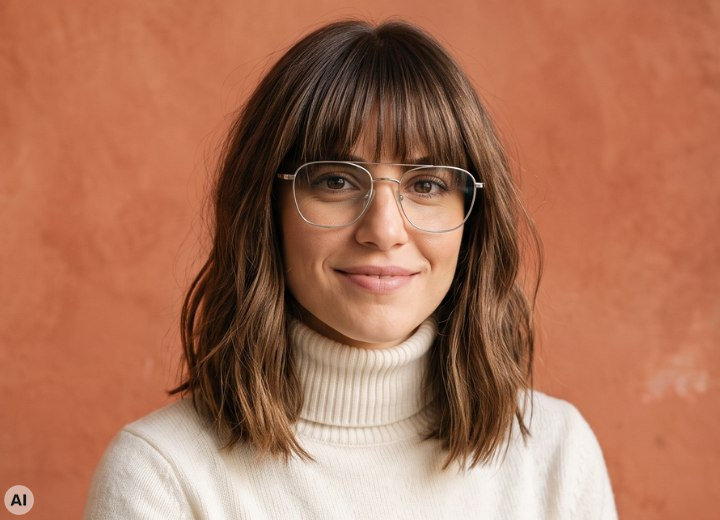 Glasses with thin frames, paired with long bangs