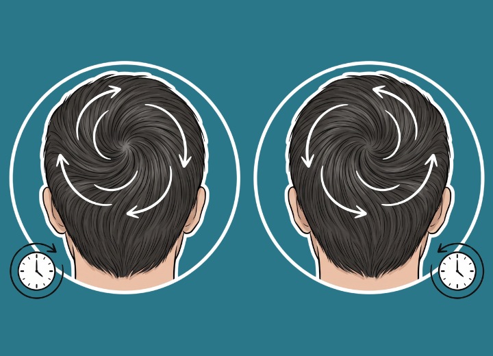 Clockwise and counter-clockwise hair swirls