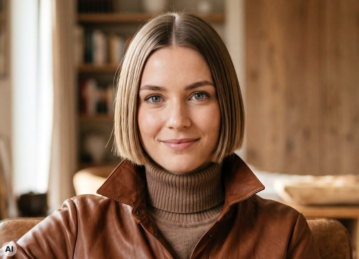Woman with shiny short hair, turtleneck and leather shirt