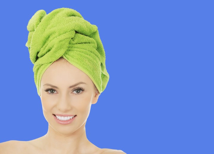 Hair wrapped in a turban towel