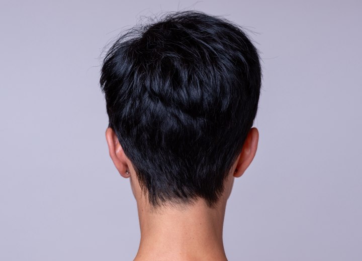 Back view of a woman with pixie short hair