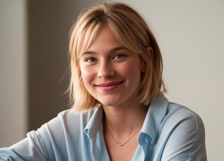 Blonde girl wearing her hair in a messy boyfriend bob