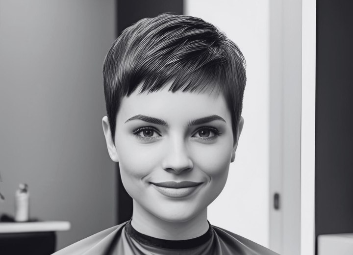 Caped hair school model with a pixie cut
