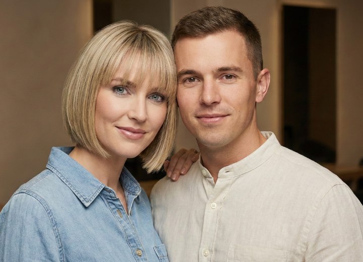 Couple hair - Woman with a blonde angled bob with bangs