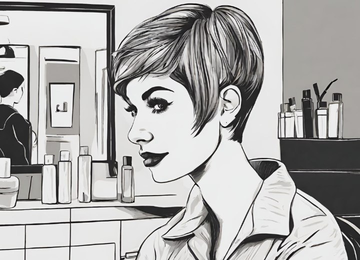 Hair salon client with a contemporary pixie cut