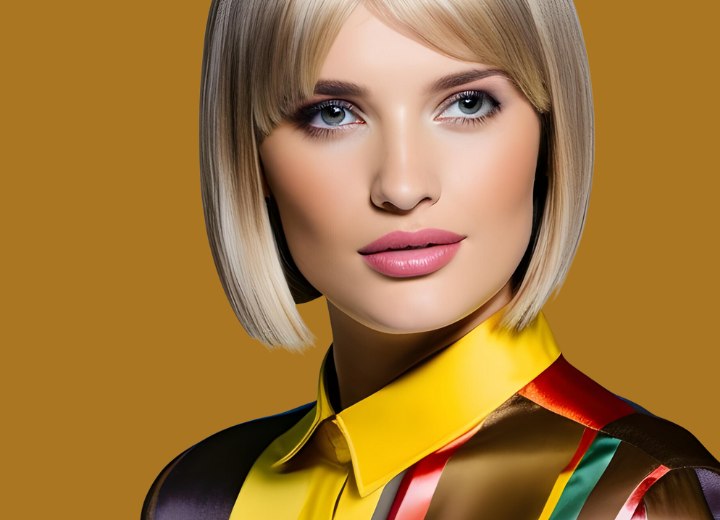 Blonde hair with lowlights, cut in a collar-length bob