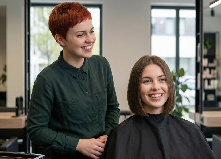 Hair salon client after a long to bob hair makeover