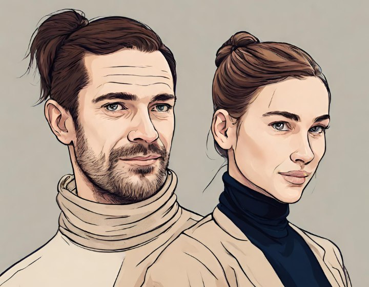 Man and woman wearing their hair up, secured in a bun