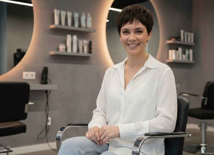 Woman with her new pixie cut after a hair makeover