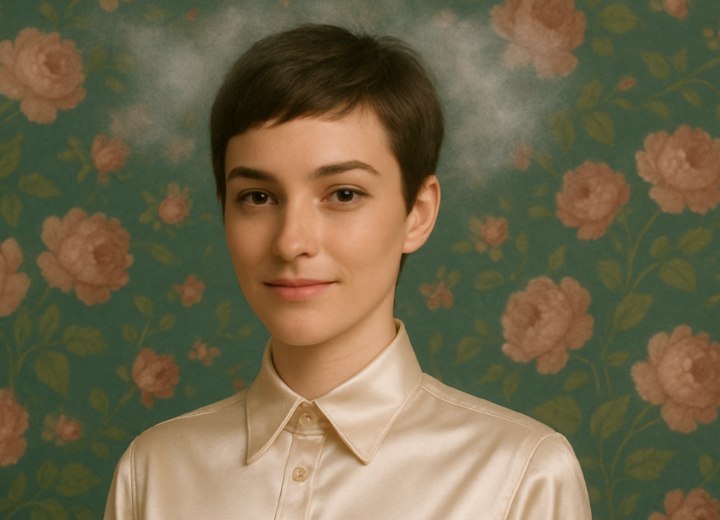 Woman with a pixie cut in a mist of fragrance