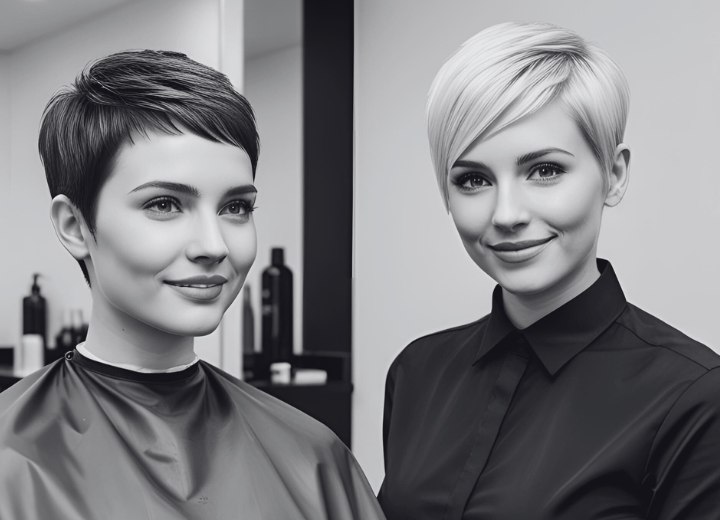 Hair school model and a future hairdresser with a pixie cut