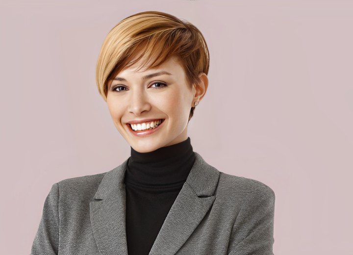 Smart looking woman with short hair and a turtleneck