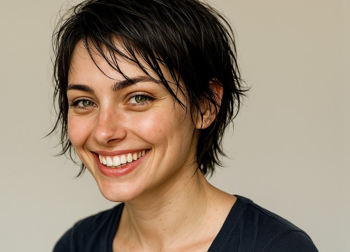 A sweaty woman with her hair cut into a bob