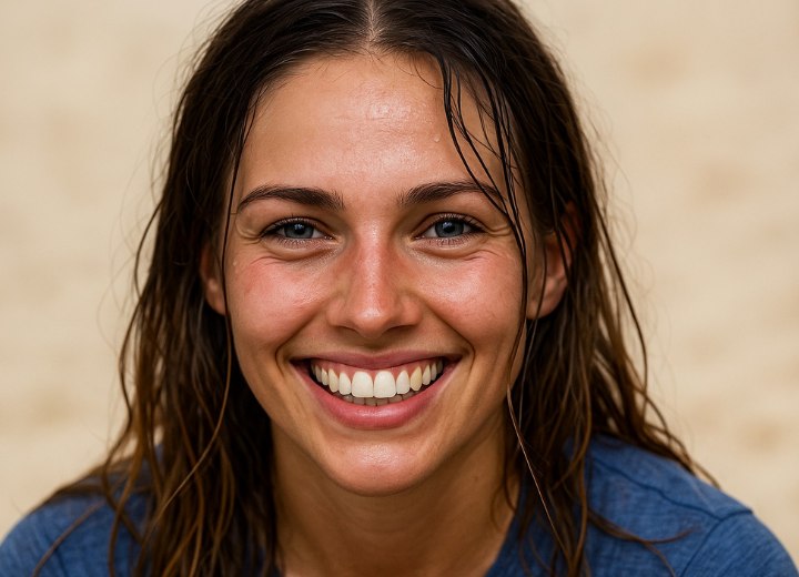 A sweaty woman with long hair