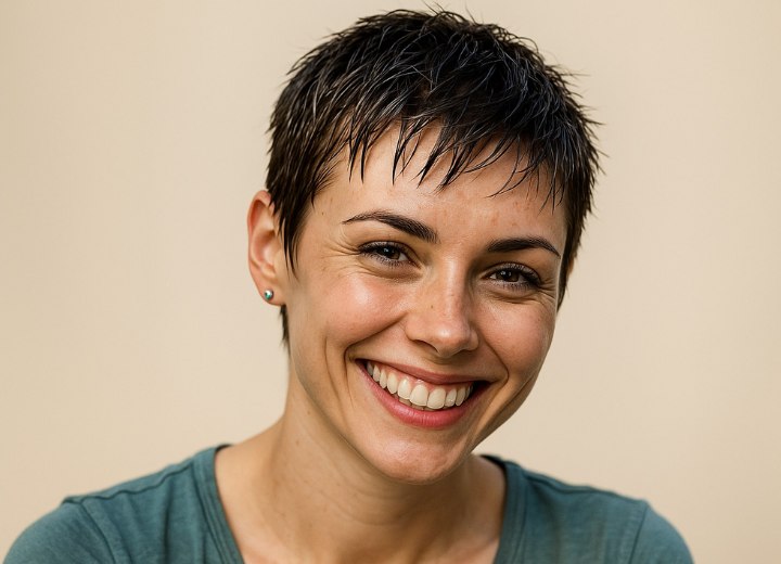 A sweaty woman with short hair in a pixie cut