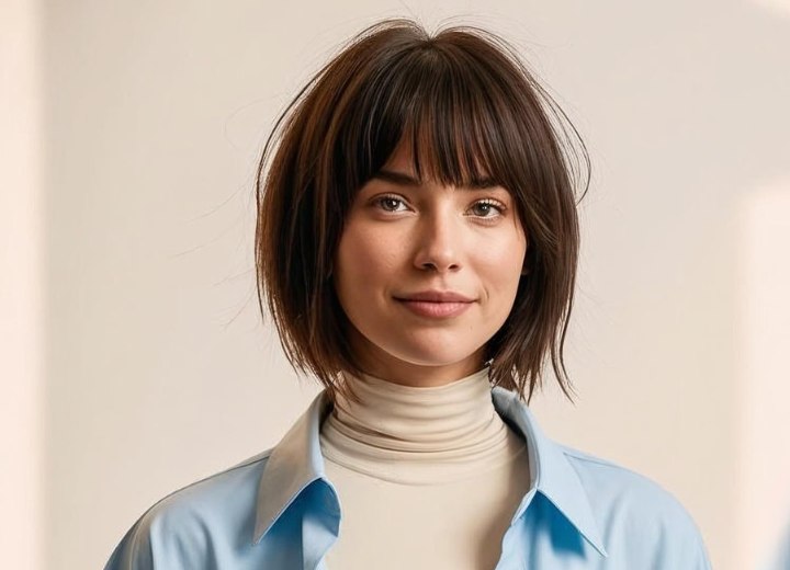 Brunette, wearing her hair in an undone bob