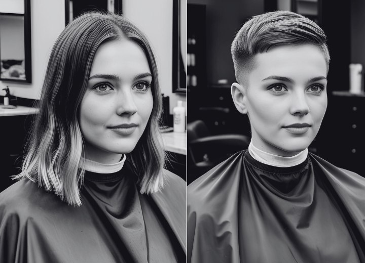 Young woman getting a buzz cut in a barbershop