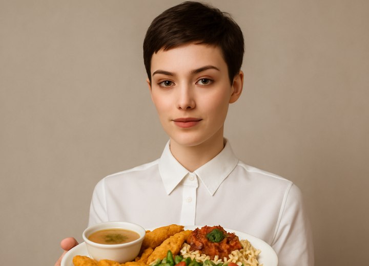 Woman with short hair, serving food