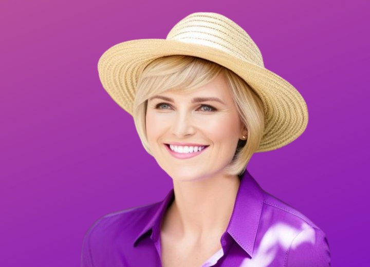 Woman with a blonde asymetrical bob, wearing a straw hat