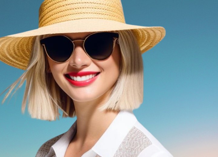 Woman with blonde hair in a bob, wearing sunglasses and a straw hat