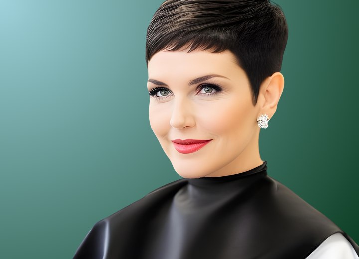 Caped hair salon client with a freshly cut pixie cut
