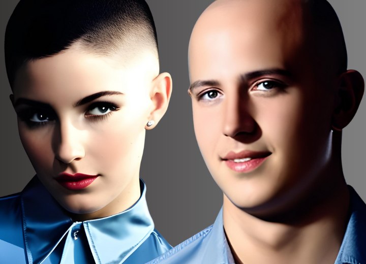 Couple, man and woman, with shaved heads