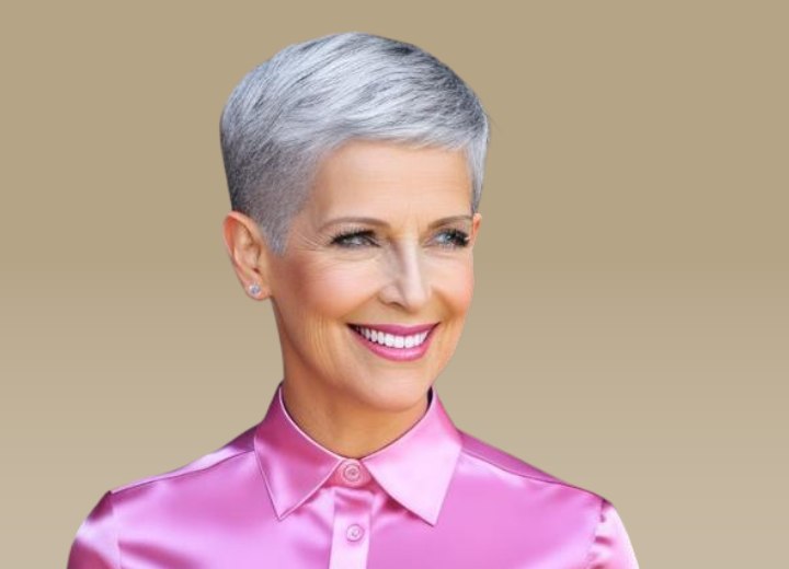 Beautiful older woman with gray hair in a pixie cut and wearing a satin blouse